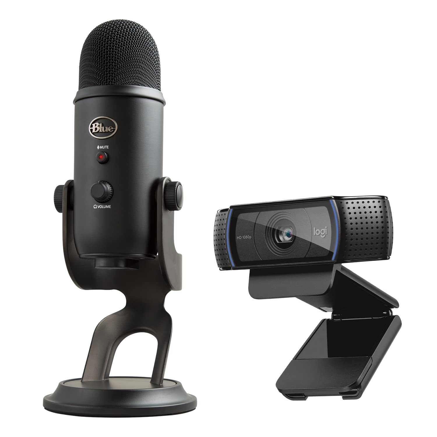 Logitech C920x HD Pro Webcam next to a black Blue Yeti microphone on white background