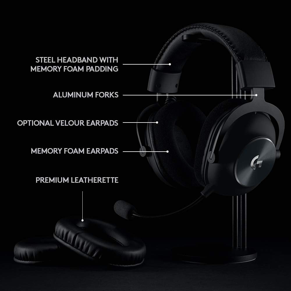 Logitech G PRO X gaming headset showing steel headband, aluminum forks, memory foam and velour earpads, and premium leatherette