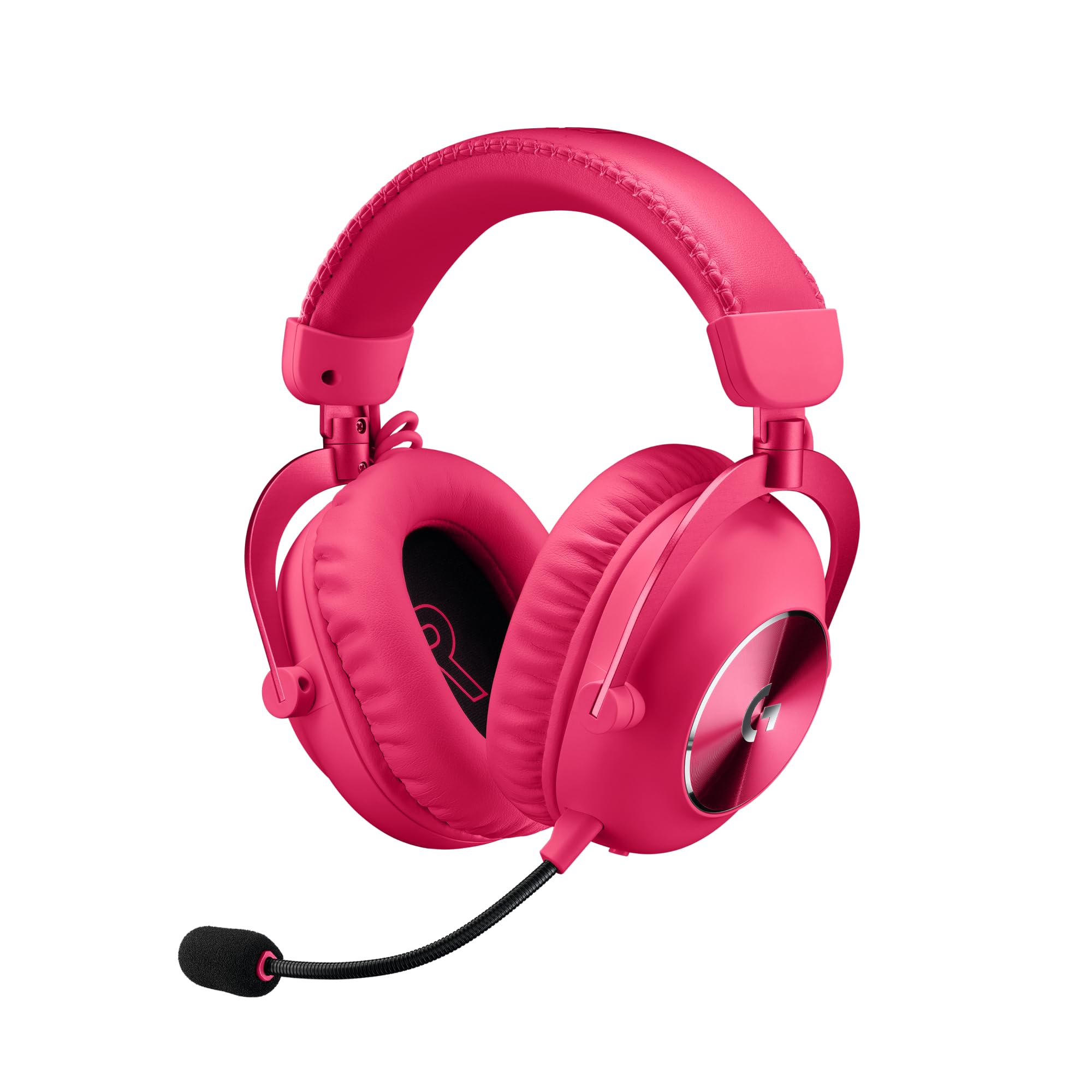 Pink Logitech G PRO X gaming headset with padded ear cups and adjustable microphone