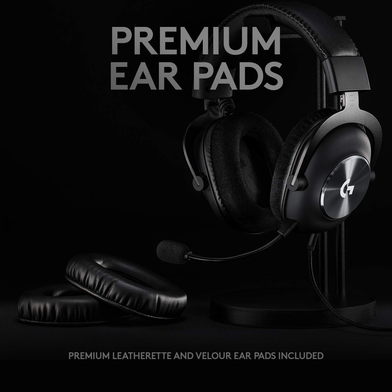Logitech G PRO X gaming headset with premium leatherette and velour ear pads on a black stand