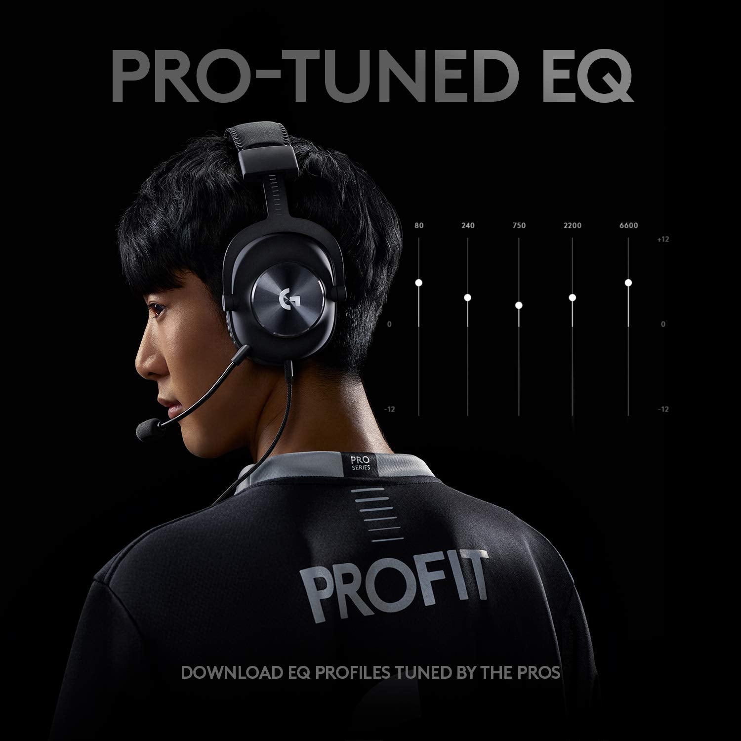 Person wearing Logitech G PRO X gaming headset with pro-tuned EQ settings and microphone