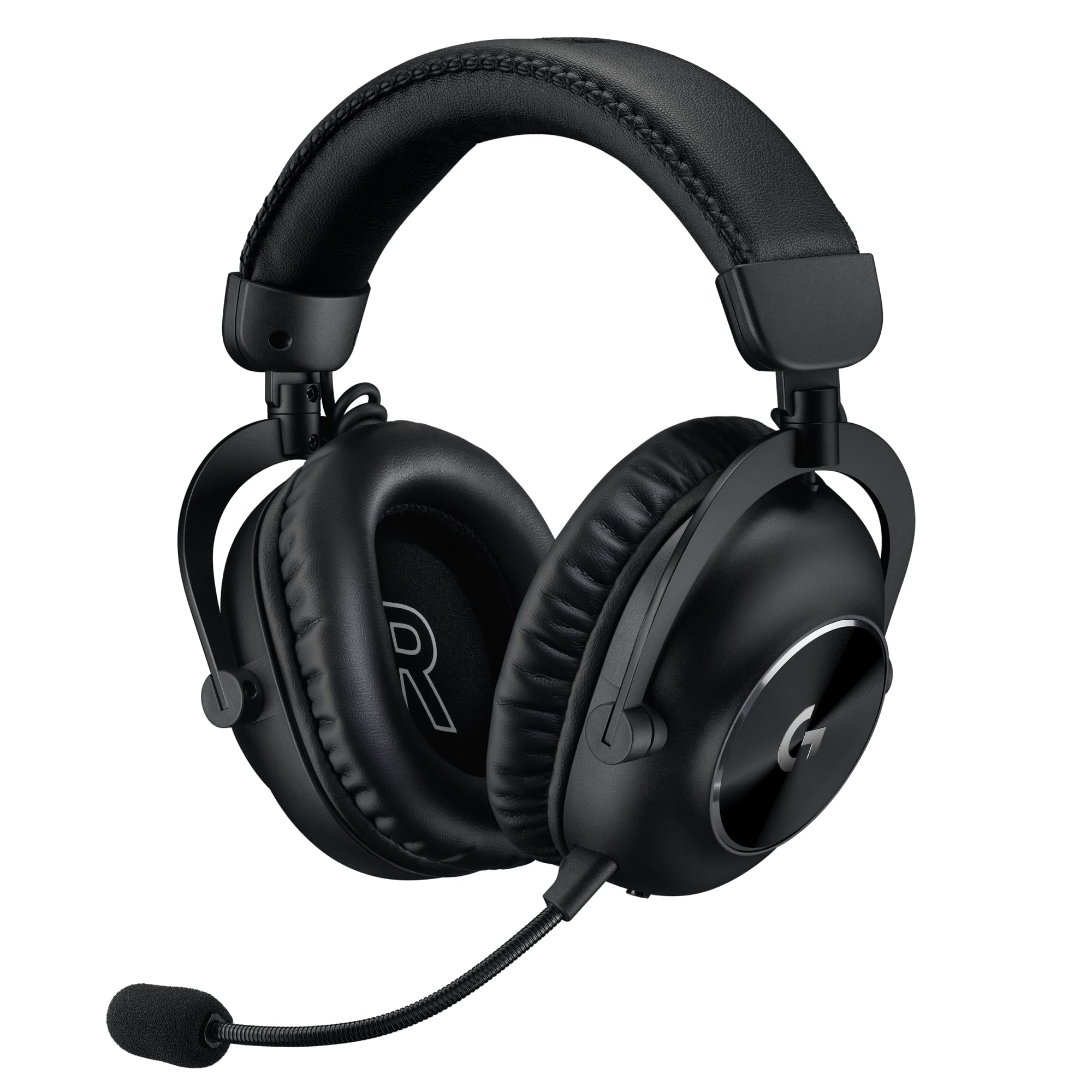 Black Logitech G PRO X gaming headset with padded ear cups and adjustable microphone