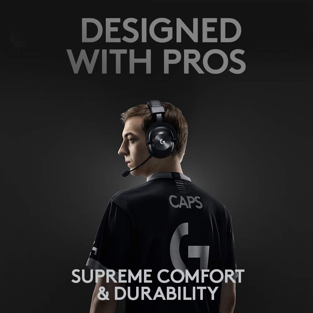Professional gamer wearing Logitech G PRO X gaming headset showcasing supreme comfort and durability