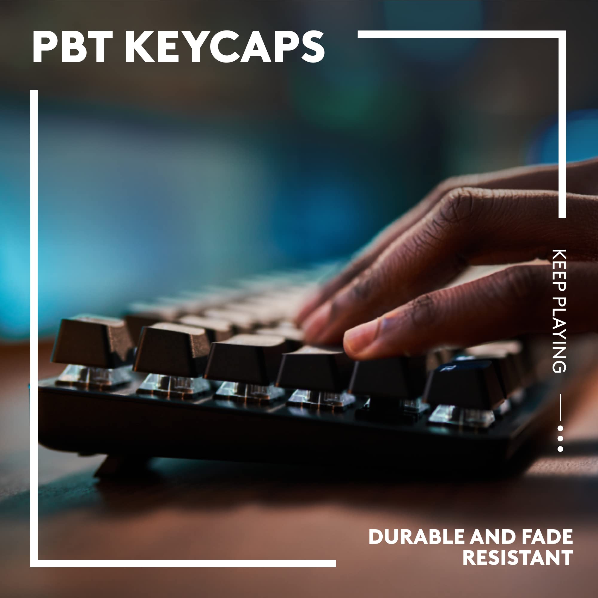 Close-up of hands typing on a keyboard with durable fade-resistant PBT keycaps compatible with Logitech G502 HERO gaming mouse
