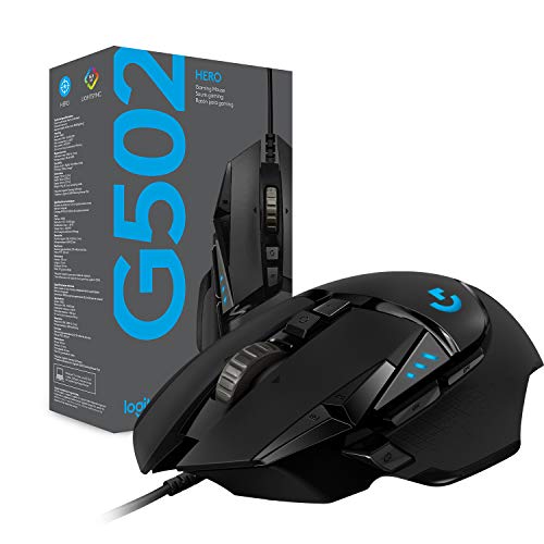 Logitech G502 HERO gaming mouse in black with customizable buttons and RGB lighting next to its packaging box