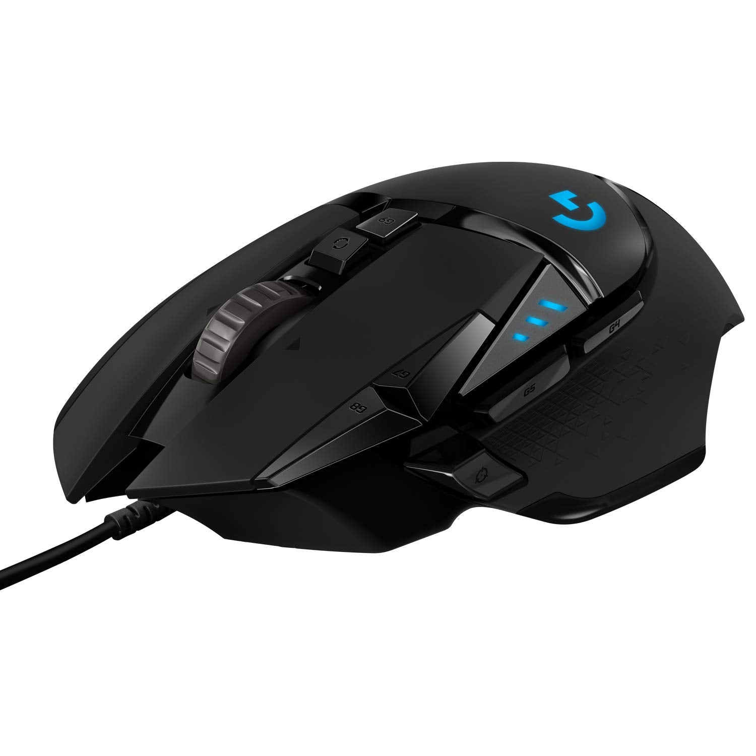 Black Logitech G502 HERO gaming mouse with programmable buttons and illuminated logo