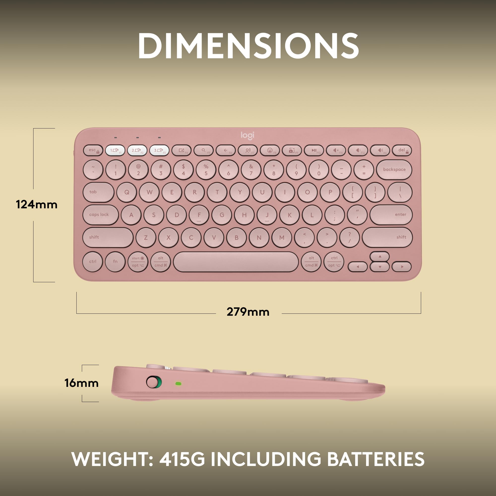 Pink Logitech Pebble Keys 2 K380s wireless keyboard showing dimensions 279mm width 124mm height and 16mm thickness