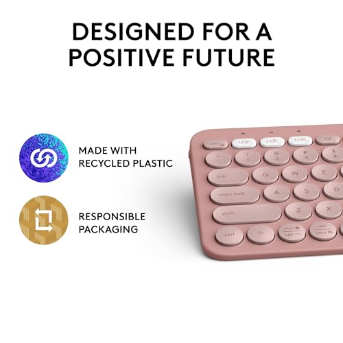 Partial view of pink Logitech Pebble Keys 2 K380s wireless keyboard made with recycled plastic and responsible packaging