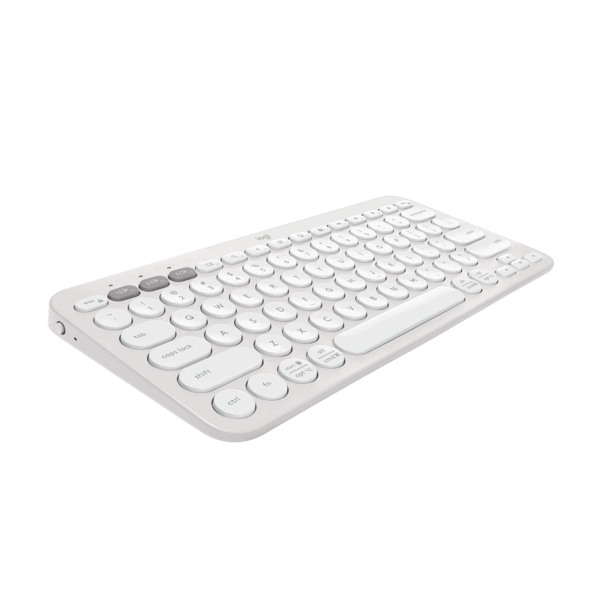 White Logitech Pebble Keys 2 K380s wireless keyboard with round keys and compact design