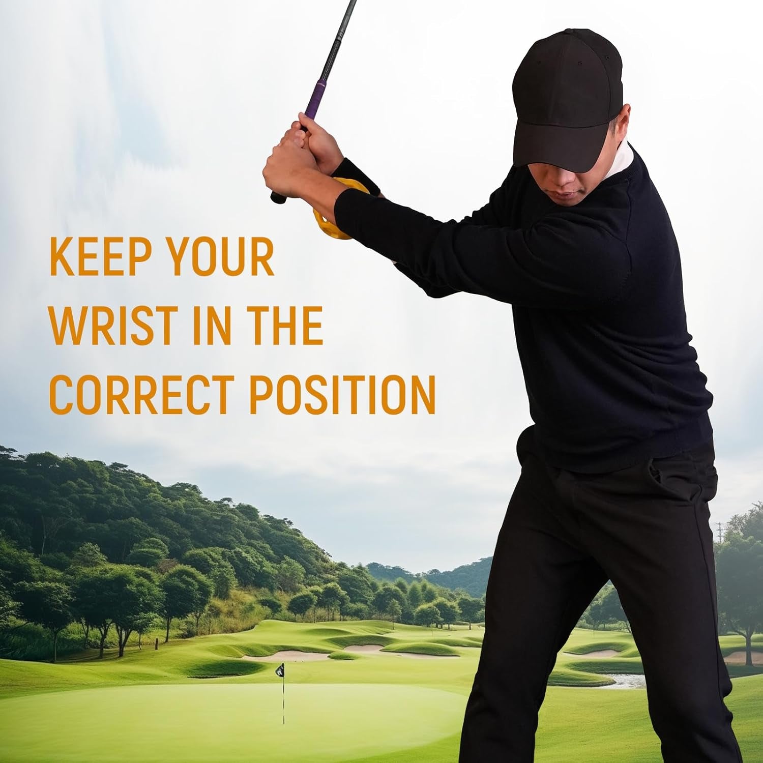 Golfer using craques golf swing trainer ball to keep wrist in correct position on green course