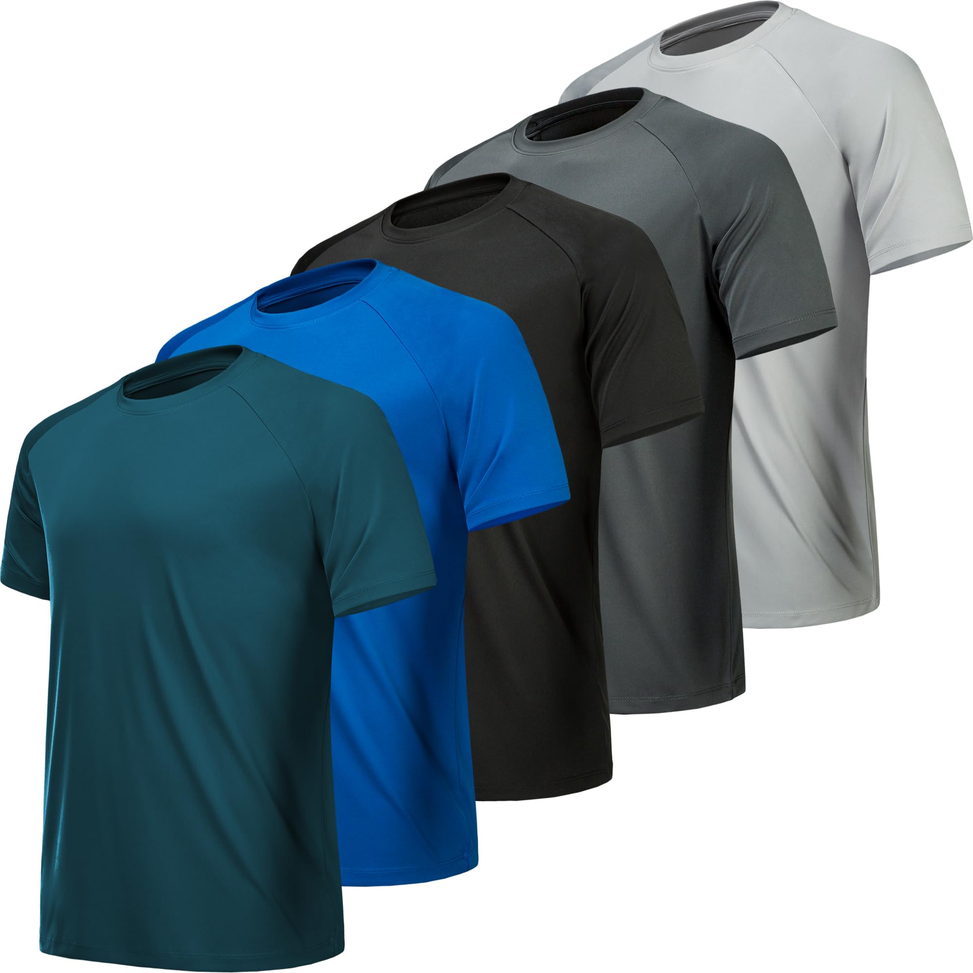 Set of men's moisture wicking workout shirts in blue black gray and white colors