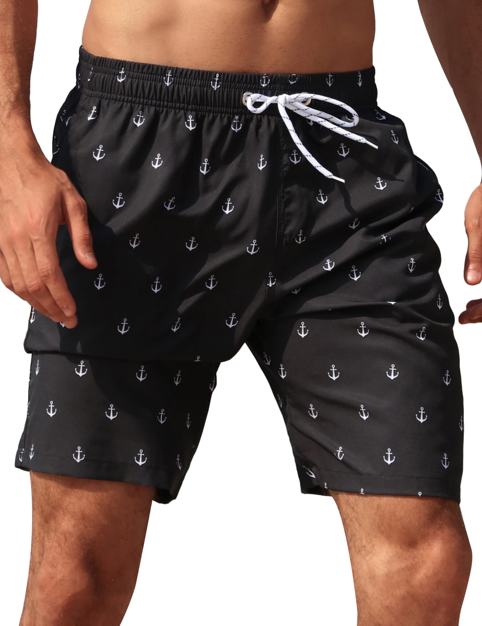 Craques men's quick dry swim trunks in black with white anchor pattern and adjustable drawstring waist