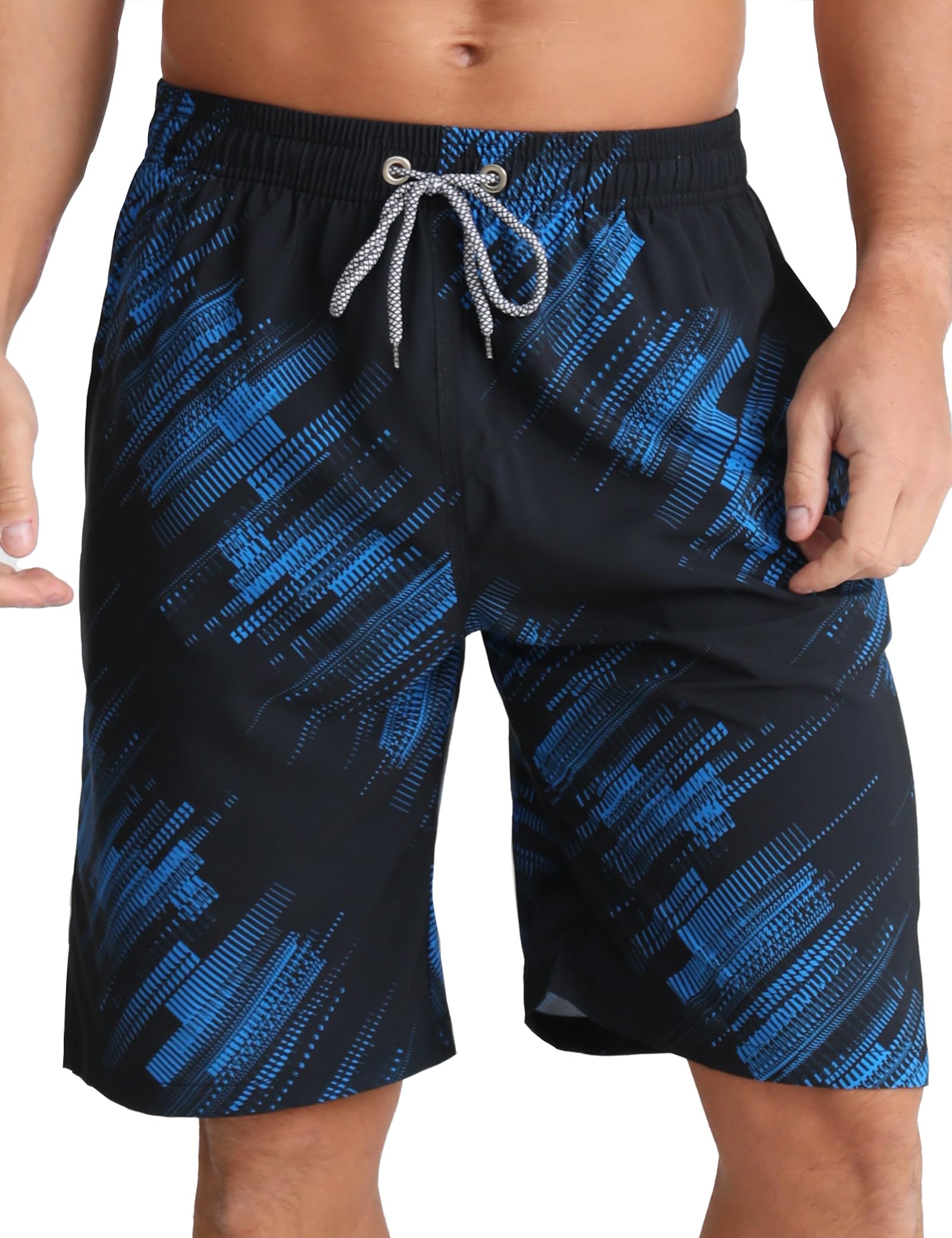Men's quick dry swim trunks by craques in black with blue digital pattern and adjustable drawstring waist