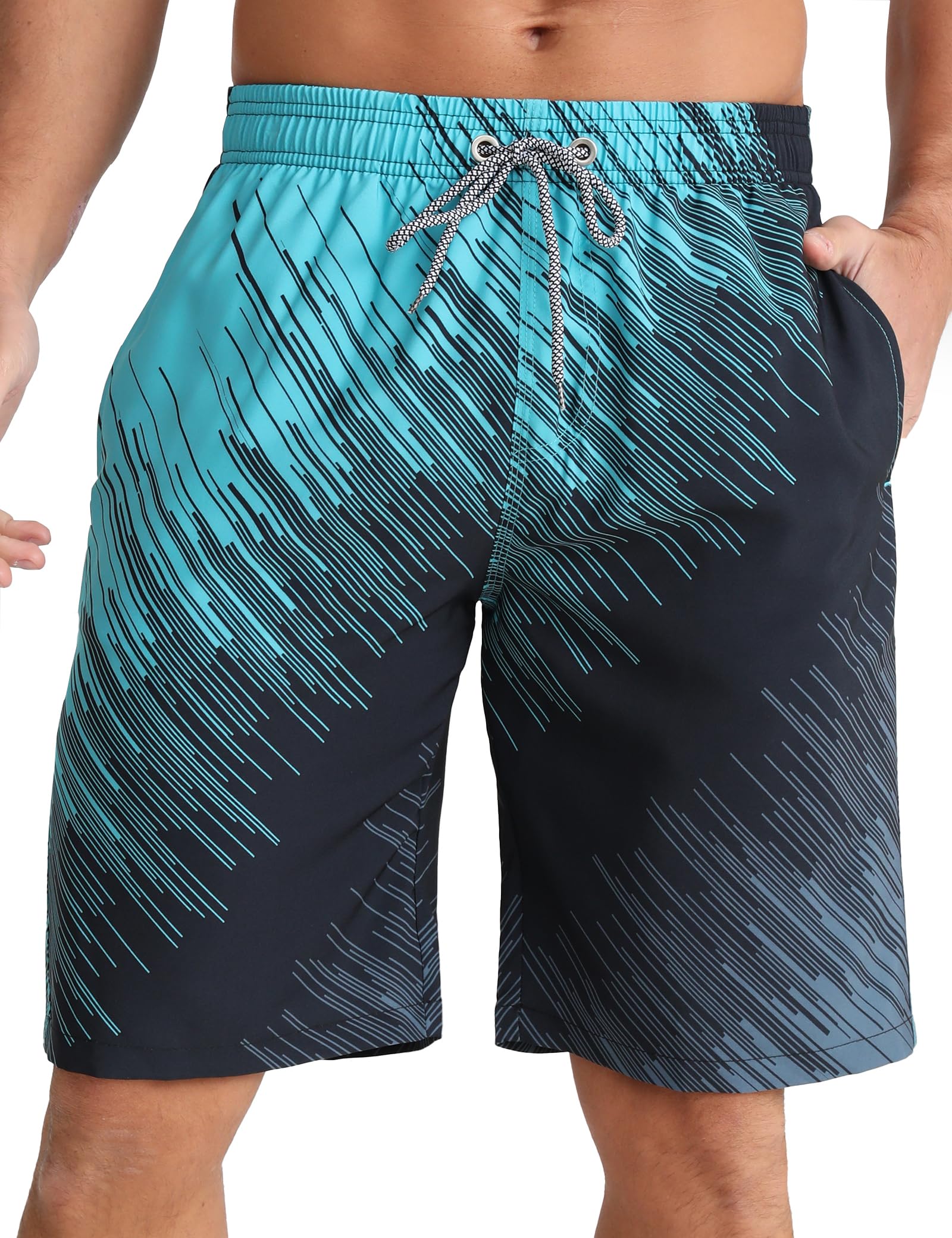 Craques men's quick dry swim trunks in black and blue with a geometric pattern and drawstring waist