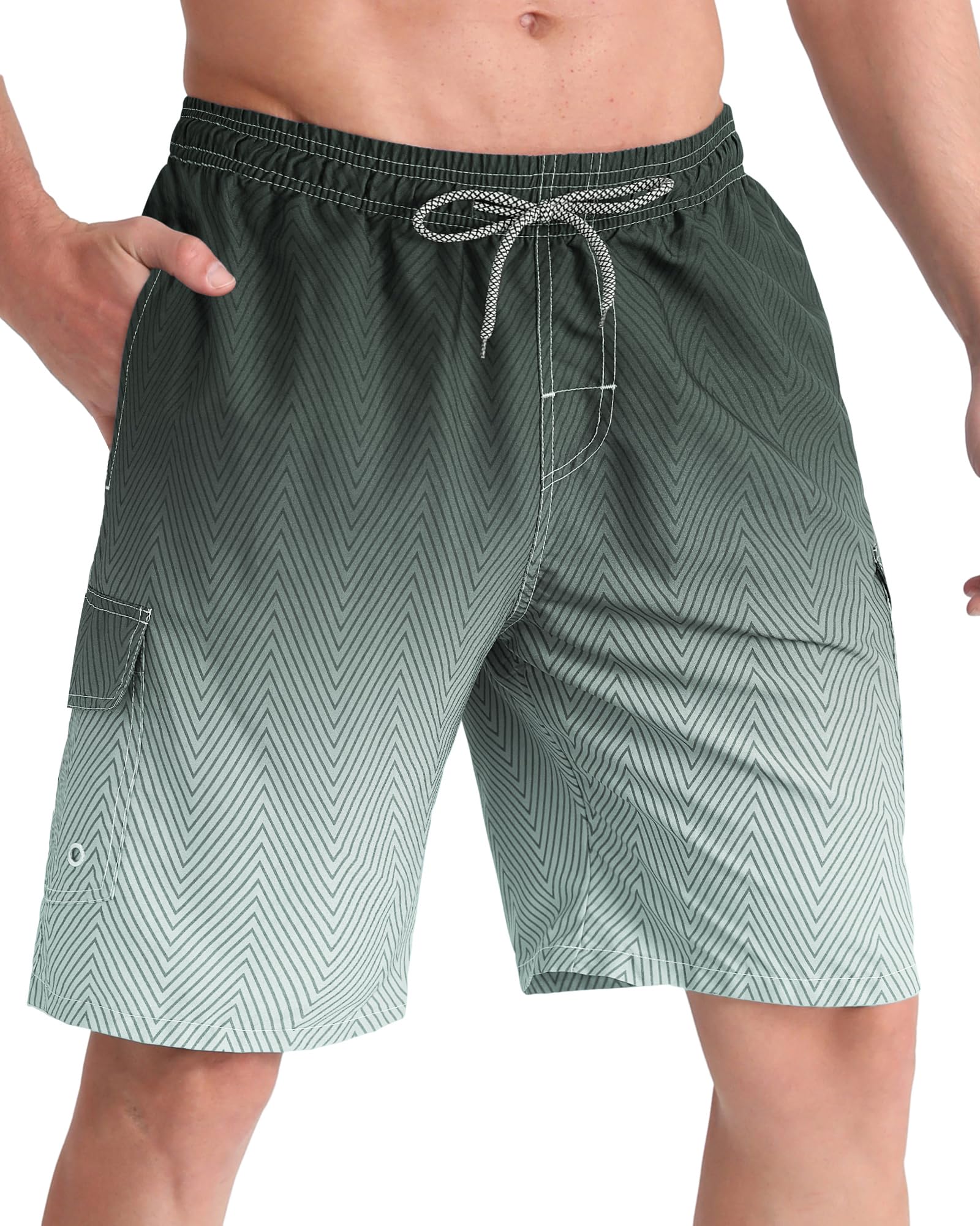 Craques men's quick dry swim trunks featuring green gradient chevron pattern with adjustable drawstring waist