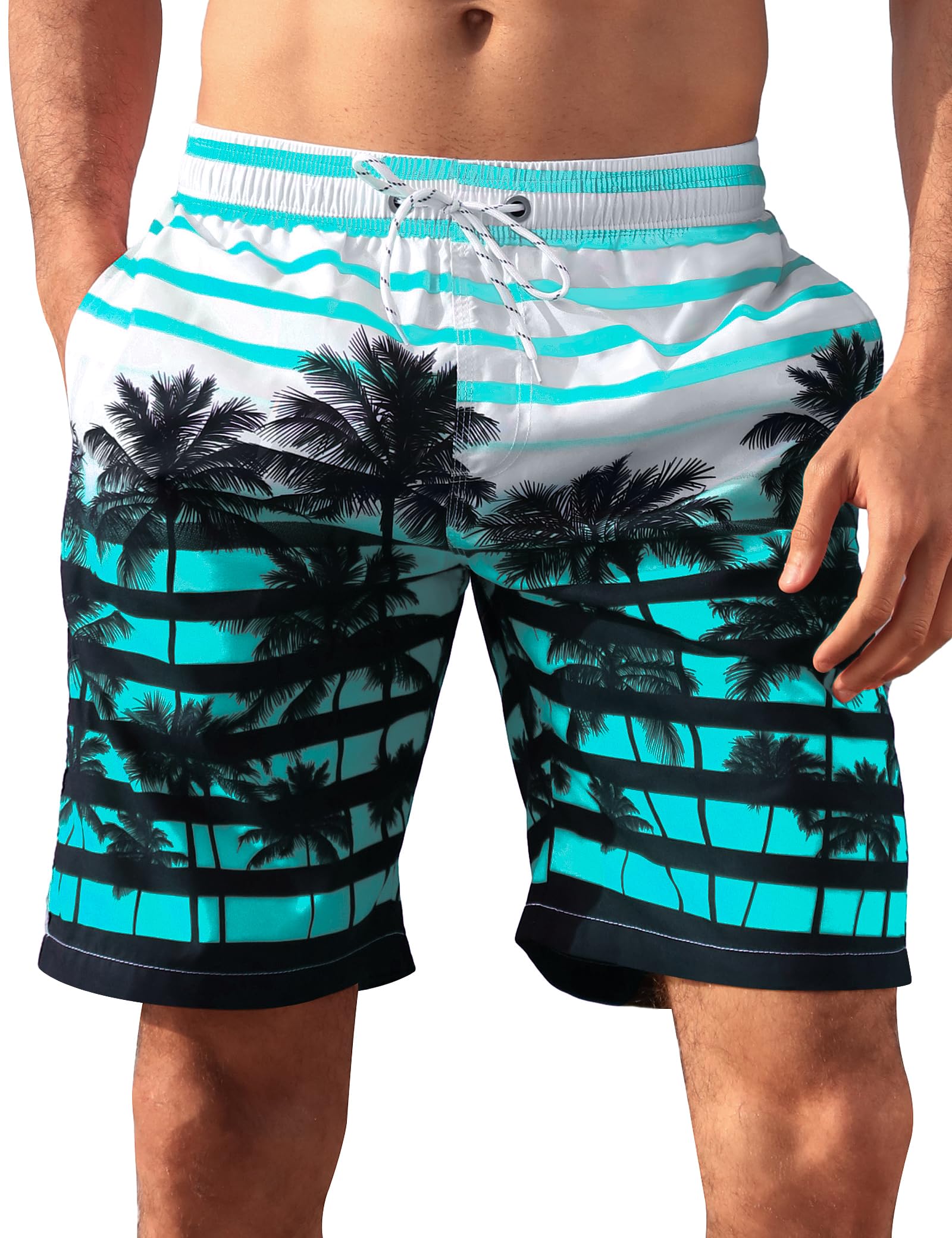Craques men's quick dry swim trunks with turquoise stripes and black palm tree design