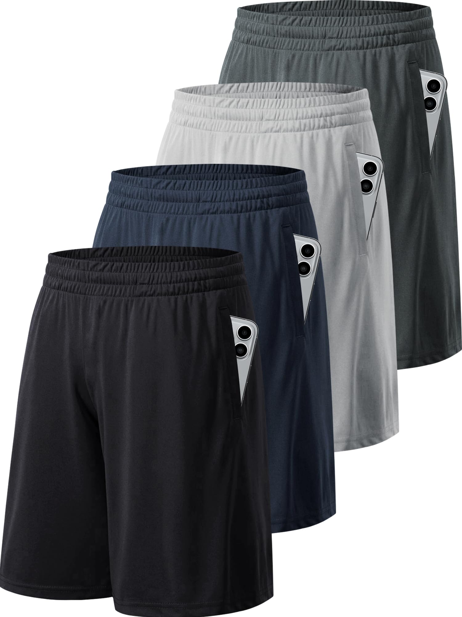 Set of four men's workout shorts in black navy gray and charcoal with elastic waistbands