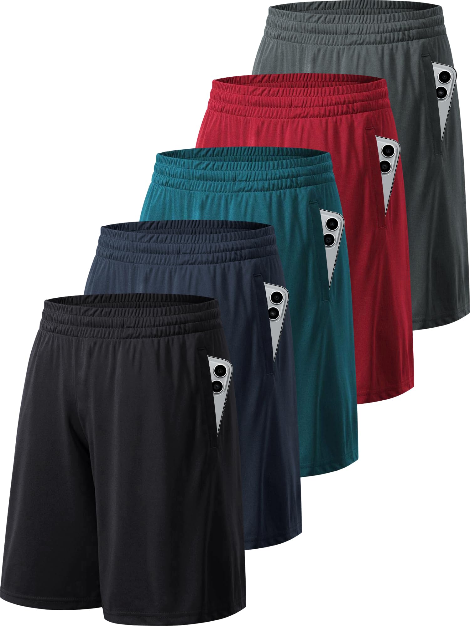 Set of five craques men's workout shorts in black, navy, teal, red, and gray with elastic waistbands