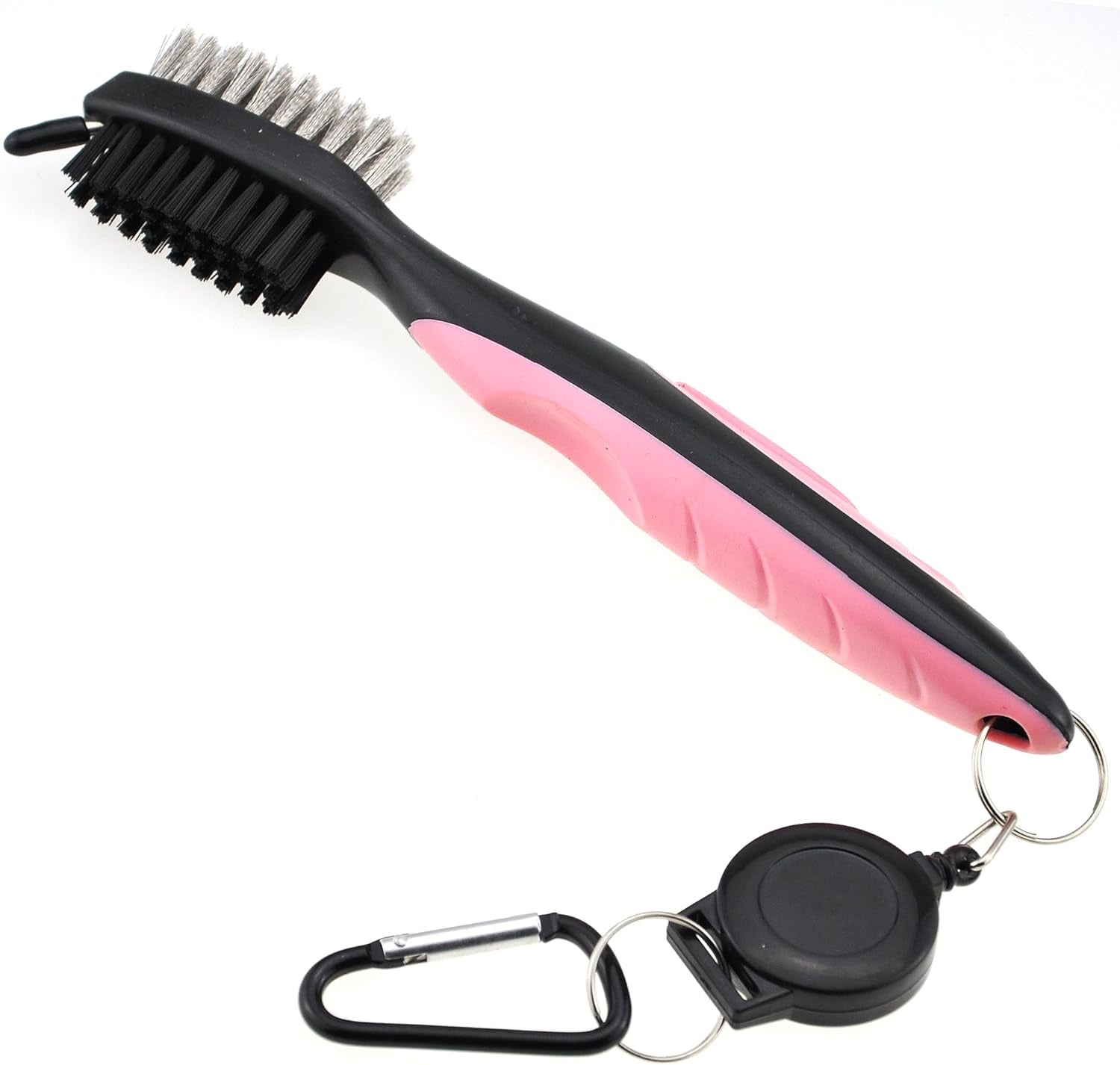 Microfiber golf towel with brush kit featuring a pink and black dual-sided cleaning brush with retractable clip