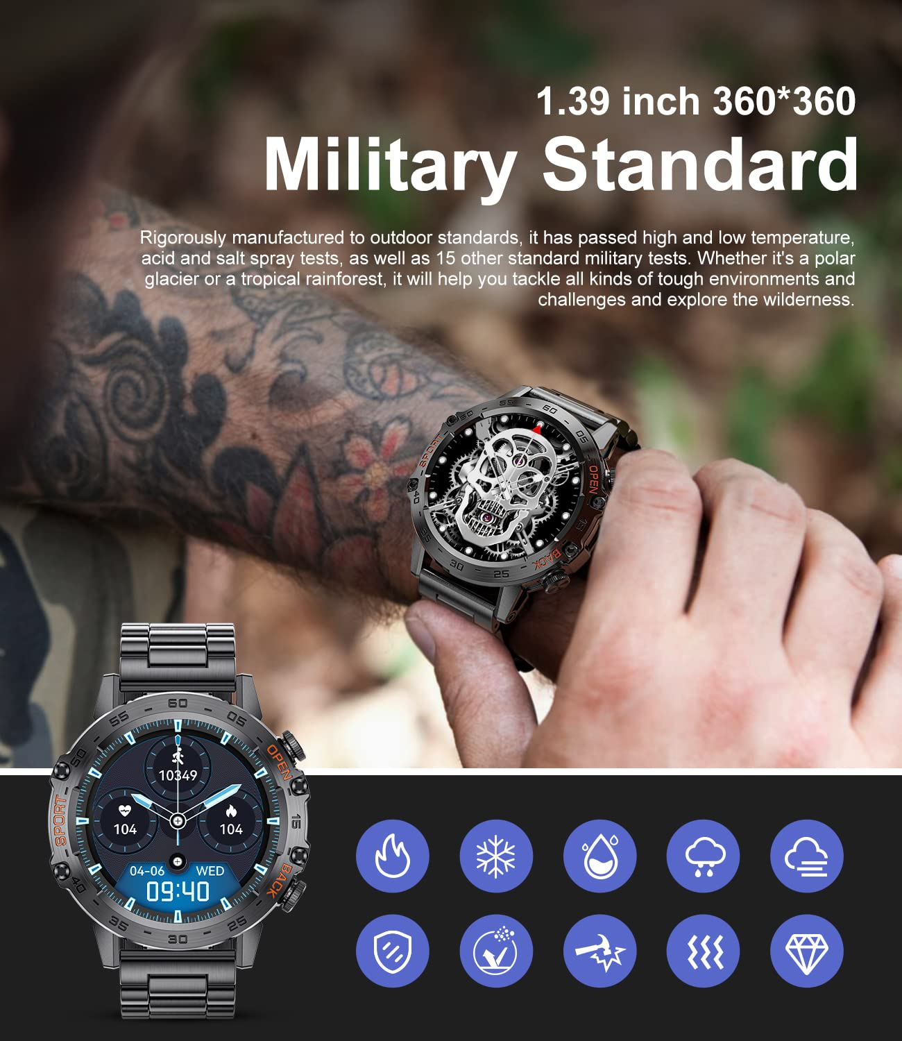 Military smart watch for men with 1.39 inch 360 by 360 display and rugged military standard design