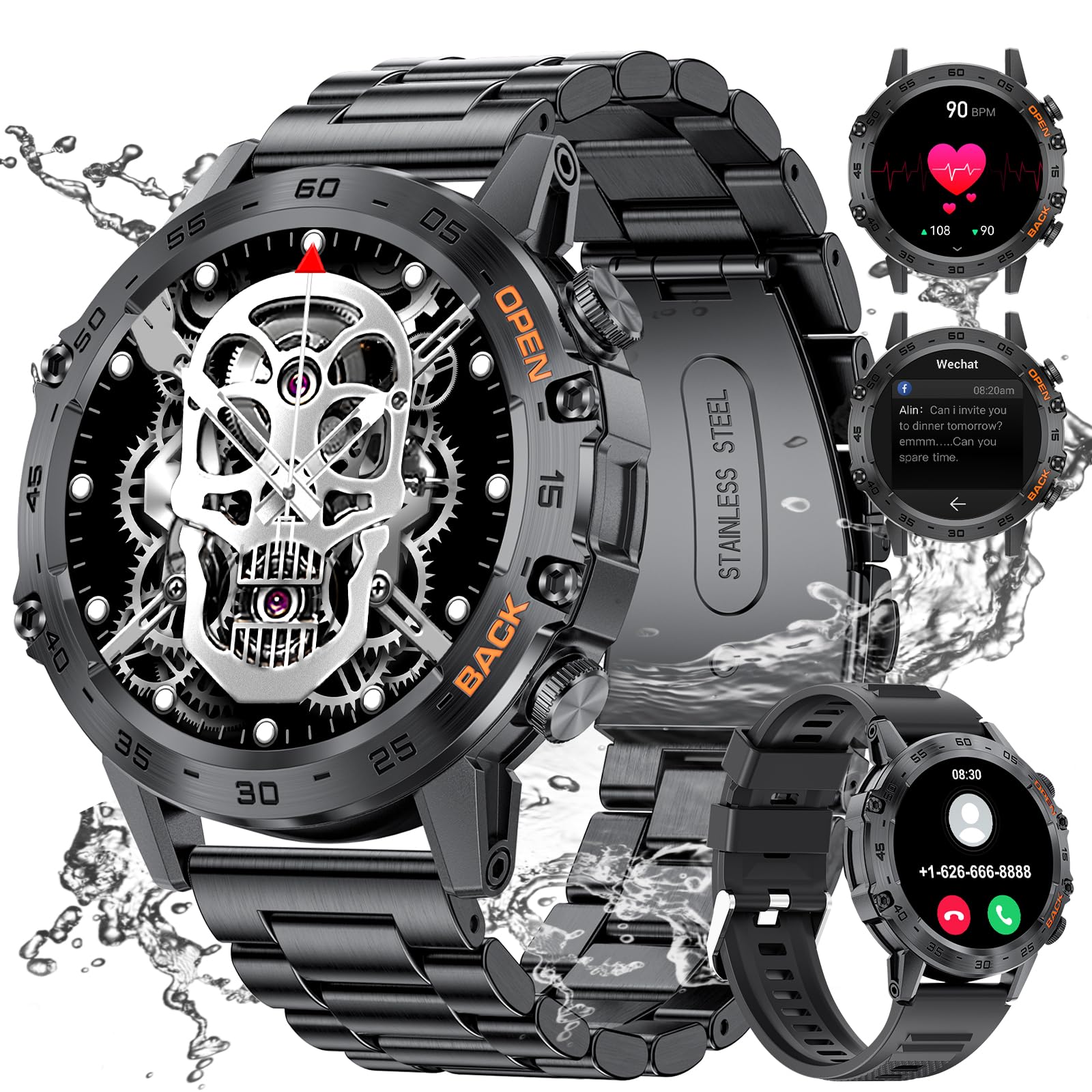 Craques military smart watch for men with skull design, stainless steel band, waterproof and health tracking features