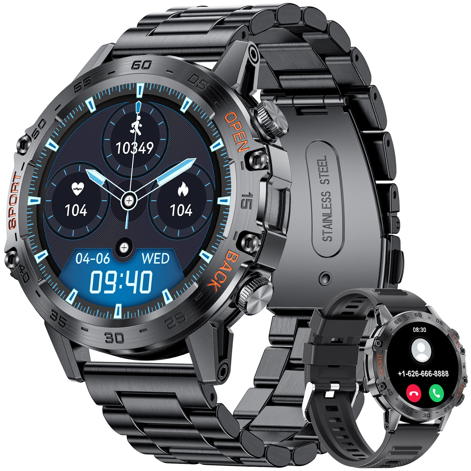 Craques military smart watch for men with stainless steel band and fitness tracking display