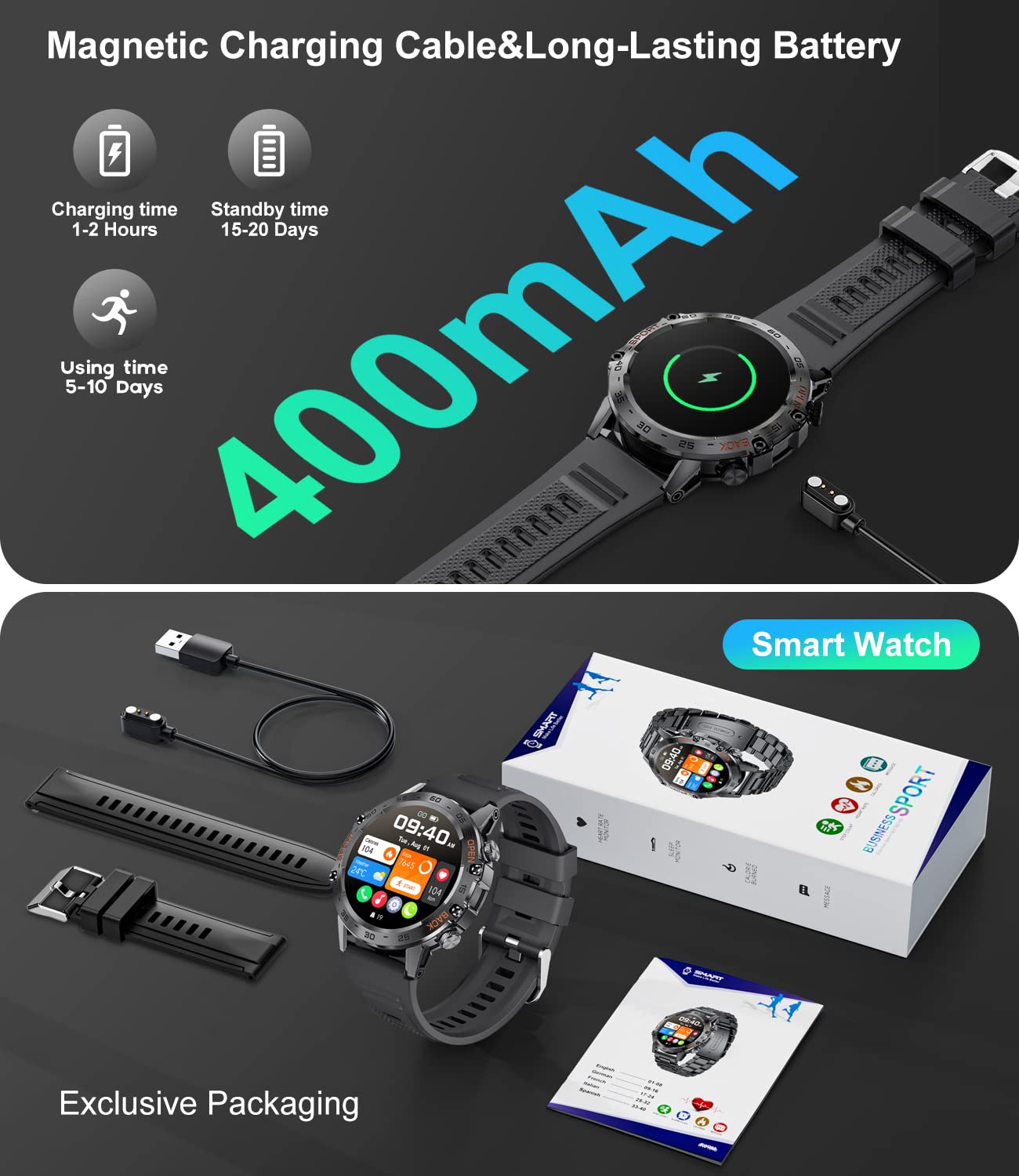 Craques military smart watch for men with 400mAh battery long usage and magnetic charging cable