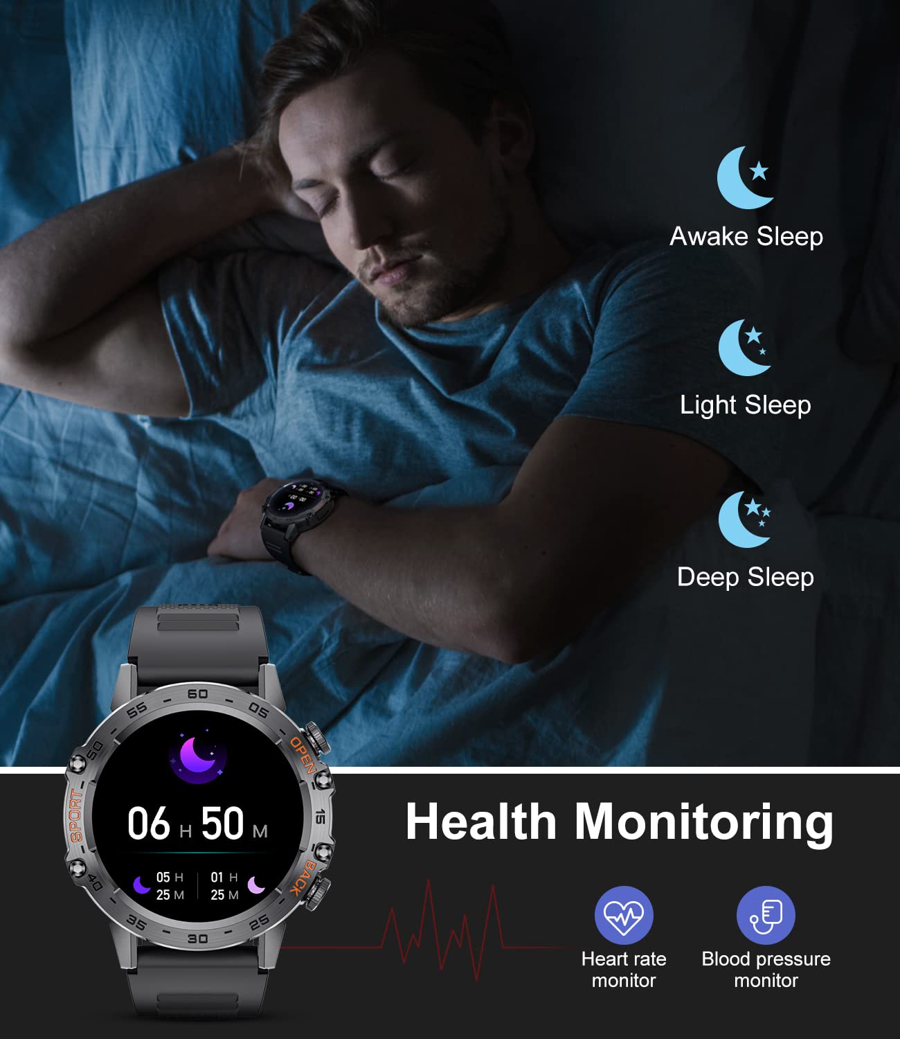 Craques military smart watch for men showing sleep stages and health monitoring features