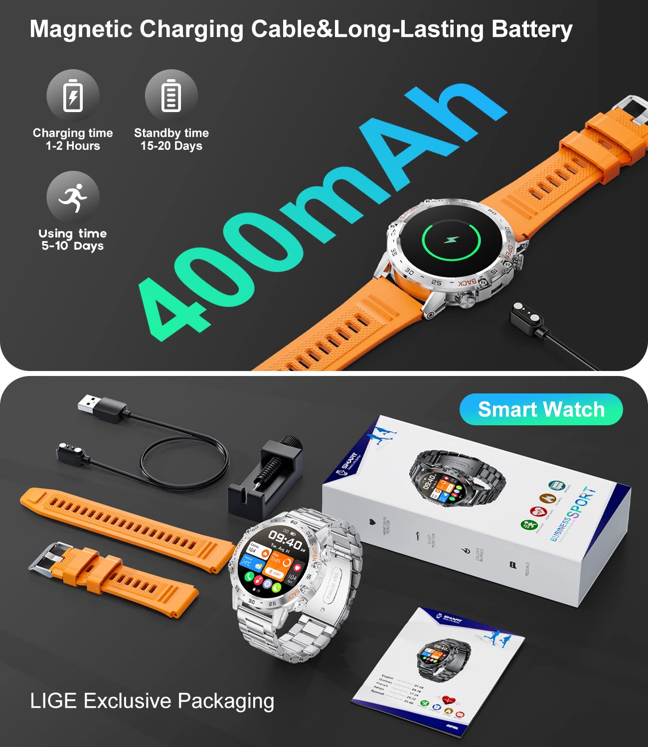 Military smart watch for men with orange and silver bands showing 400mAh battery and magnetic charging cable