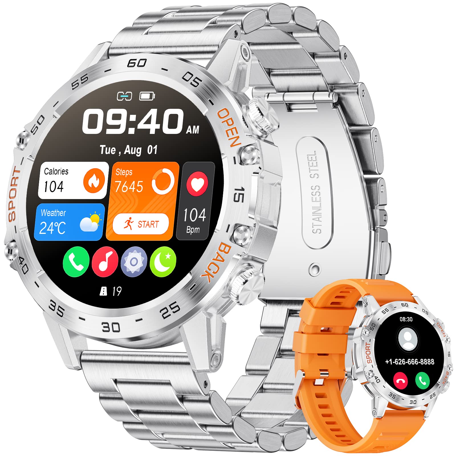 craques military smart watch for men with stainless steel band and orange sport strap options