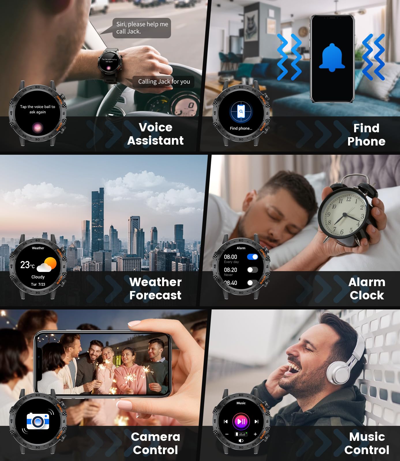 Military smart watch for men by craques showing voice assistant, find phone, weather forecast, alarm clock, camera control, and music control features