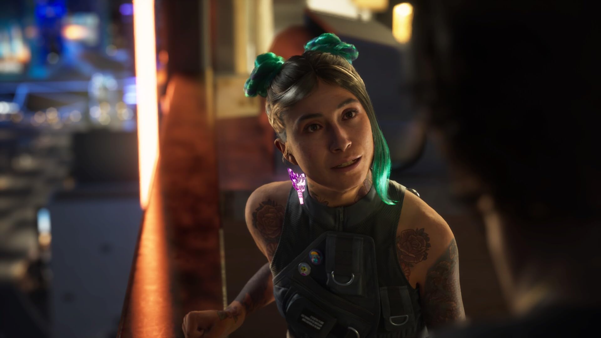 Character with green hair and tattoos in a dark setting from Mindseye PS5 game by craques