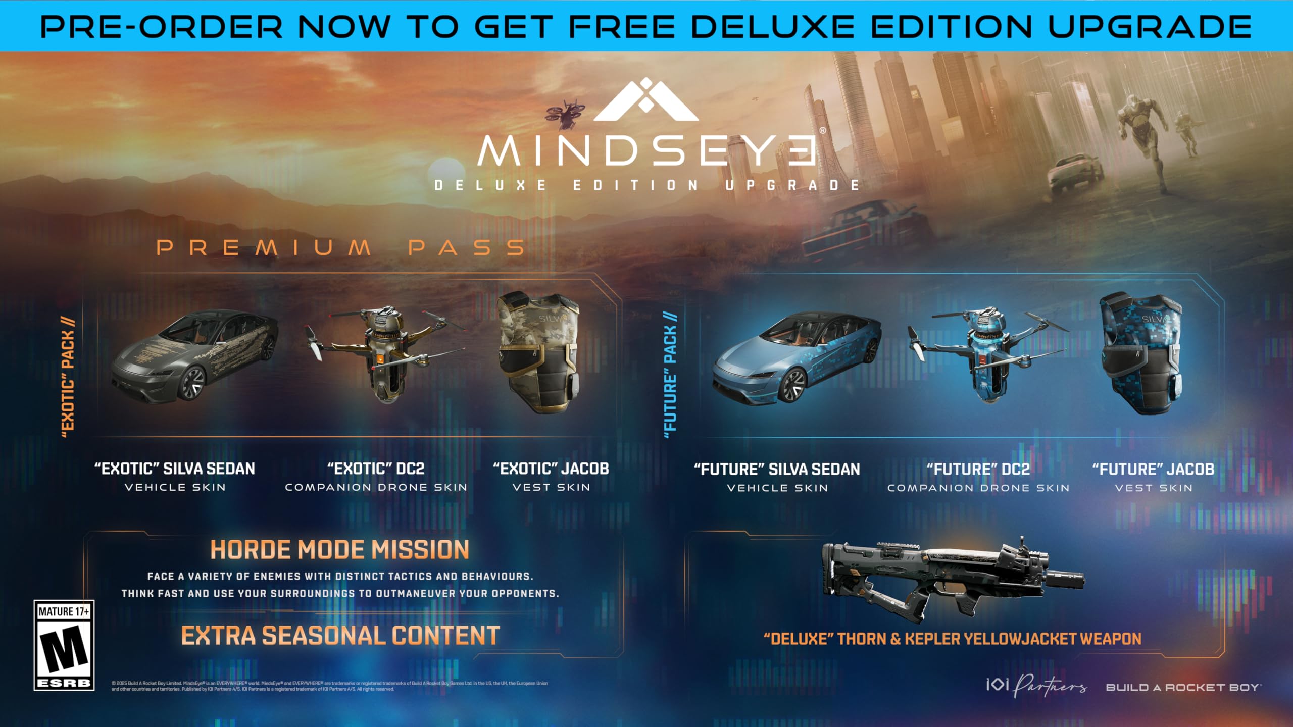 Mindseye PS5 game deluxe edition upgrade with vehicle and drone skins plus extra seasonal content