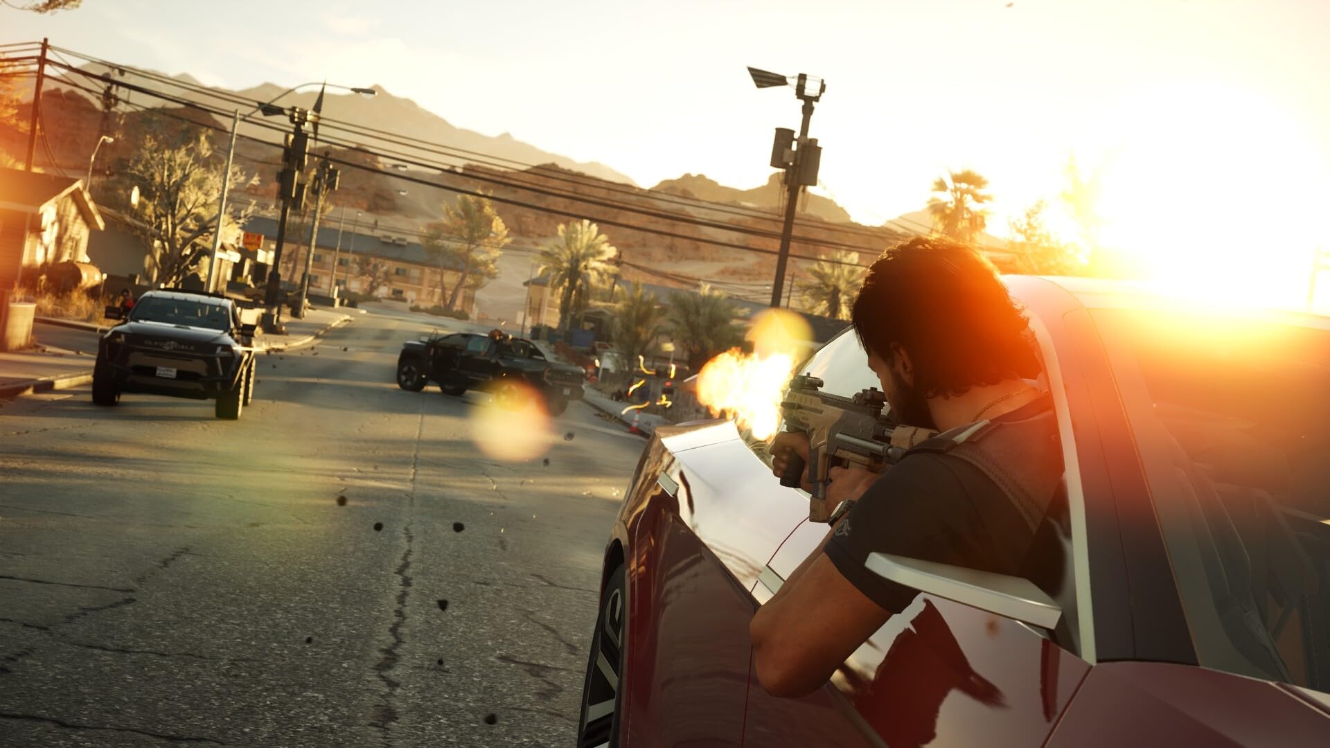 Action scene from Mindseye PS5 game showing character shooting from a red car in a desert town