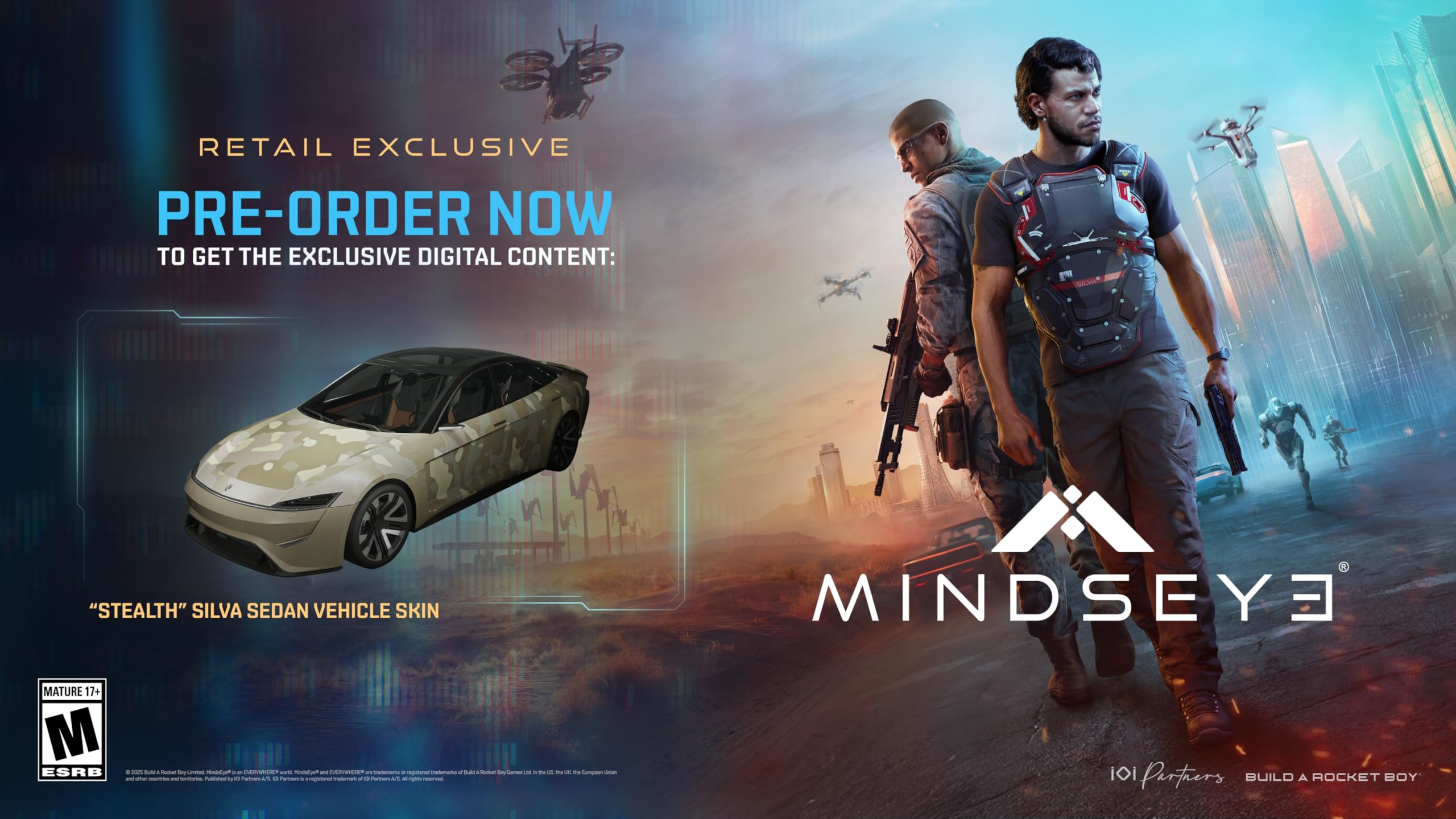 Mindseye PS5 game promotional image with two armed characters and stealth Silva sedan vehicle skin