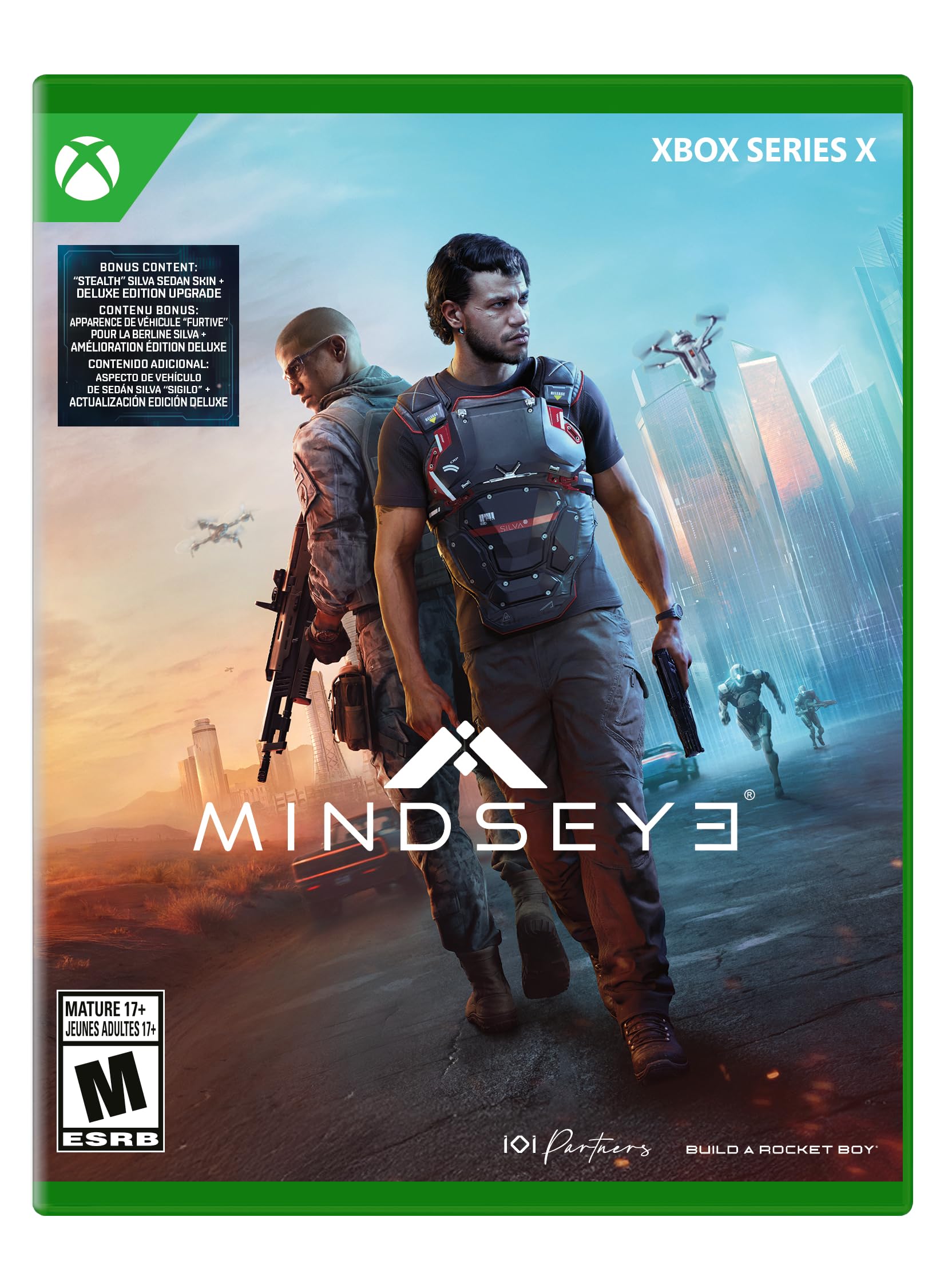 Mindseye PS5 game cover art with two armed characters and futuristic city background Xbox Series X