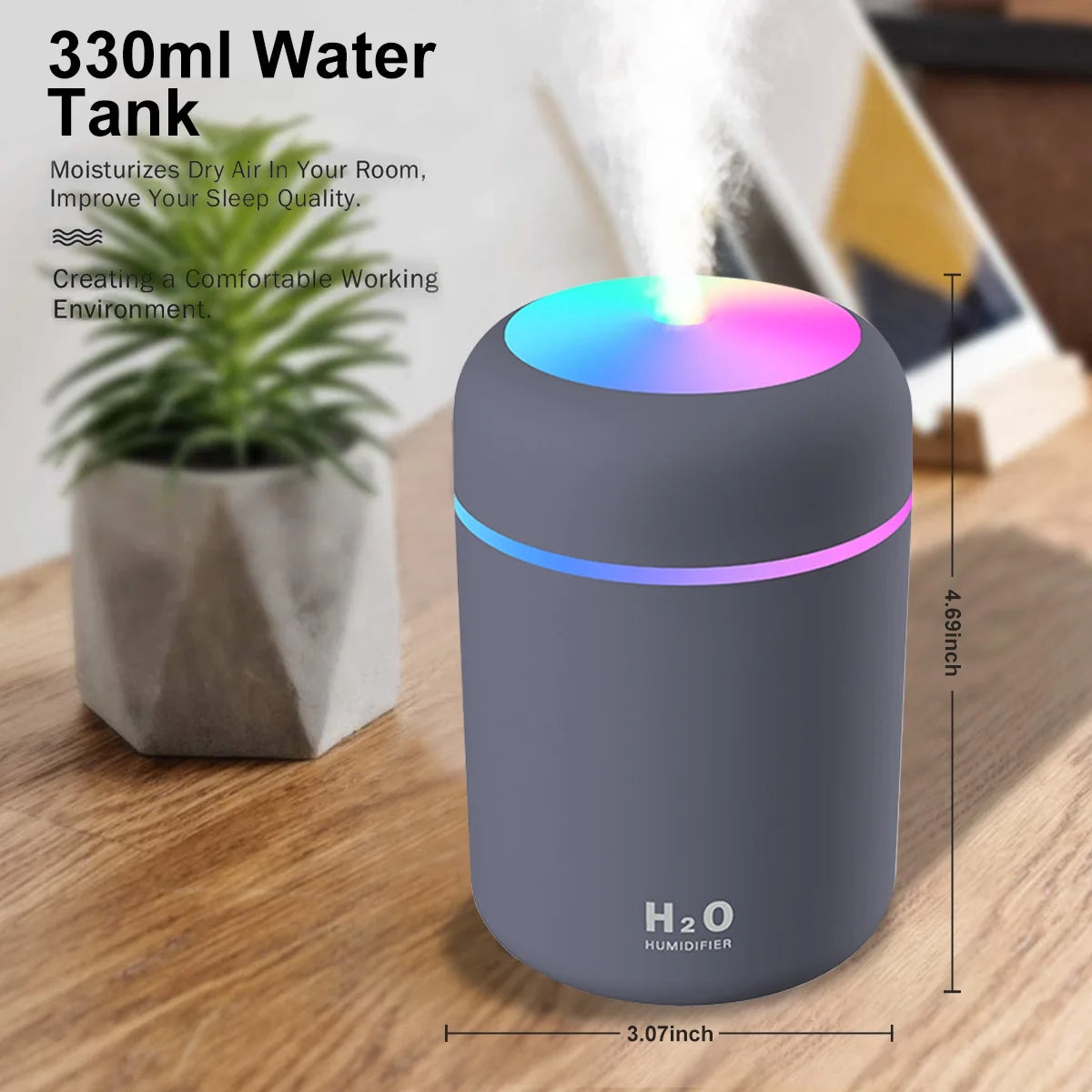 Craques mini USB humidifier for desk with 330ml water tank and colorful LED light on wooden surface