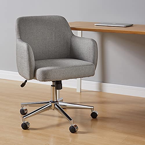 Modern home office desk chair in gray fabric with cushioned seat and chrome base with wheels