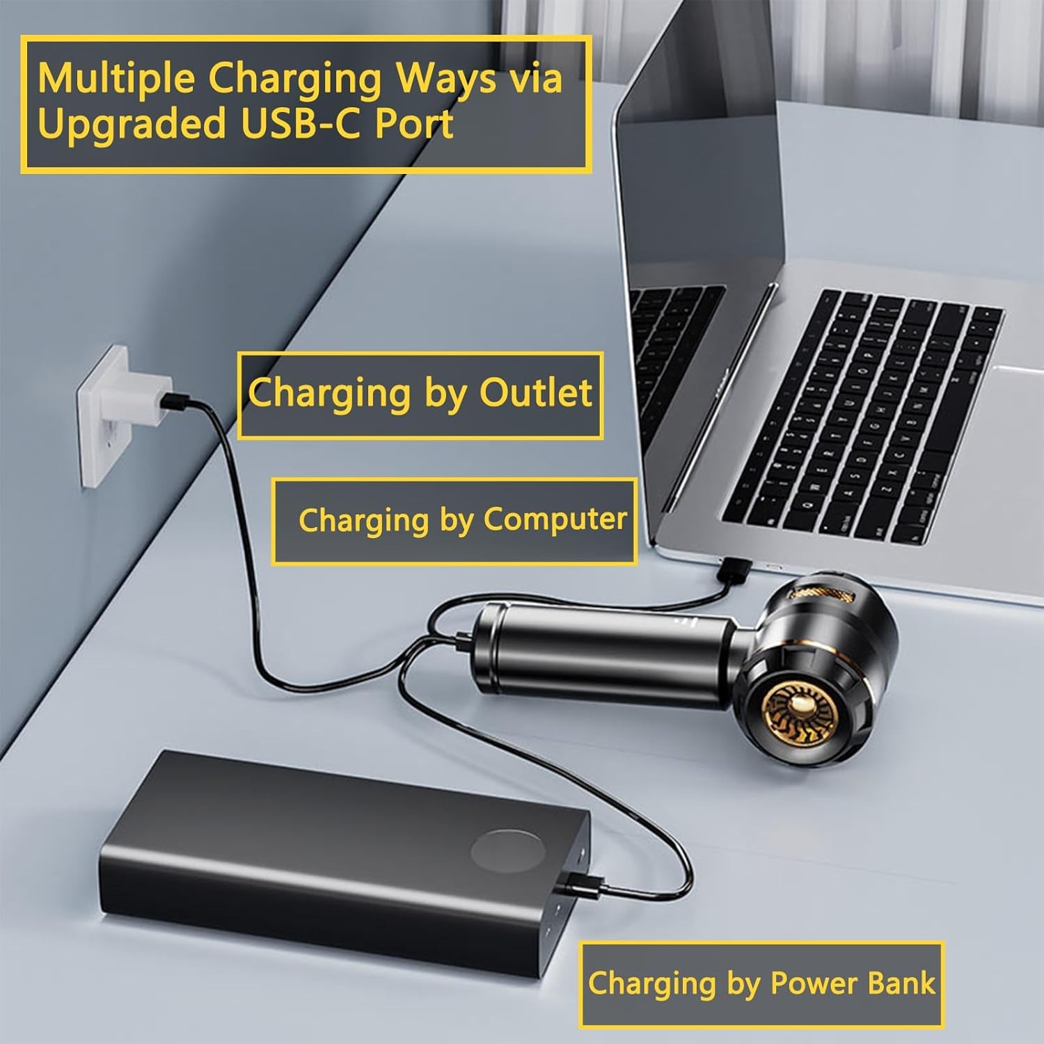 Craques cordless car vacuum cleaner charging via USB-C port from outlet laptop and power bank