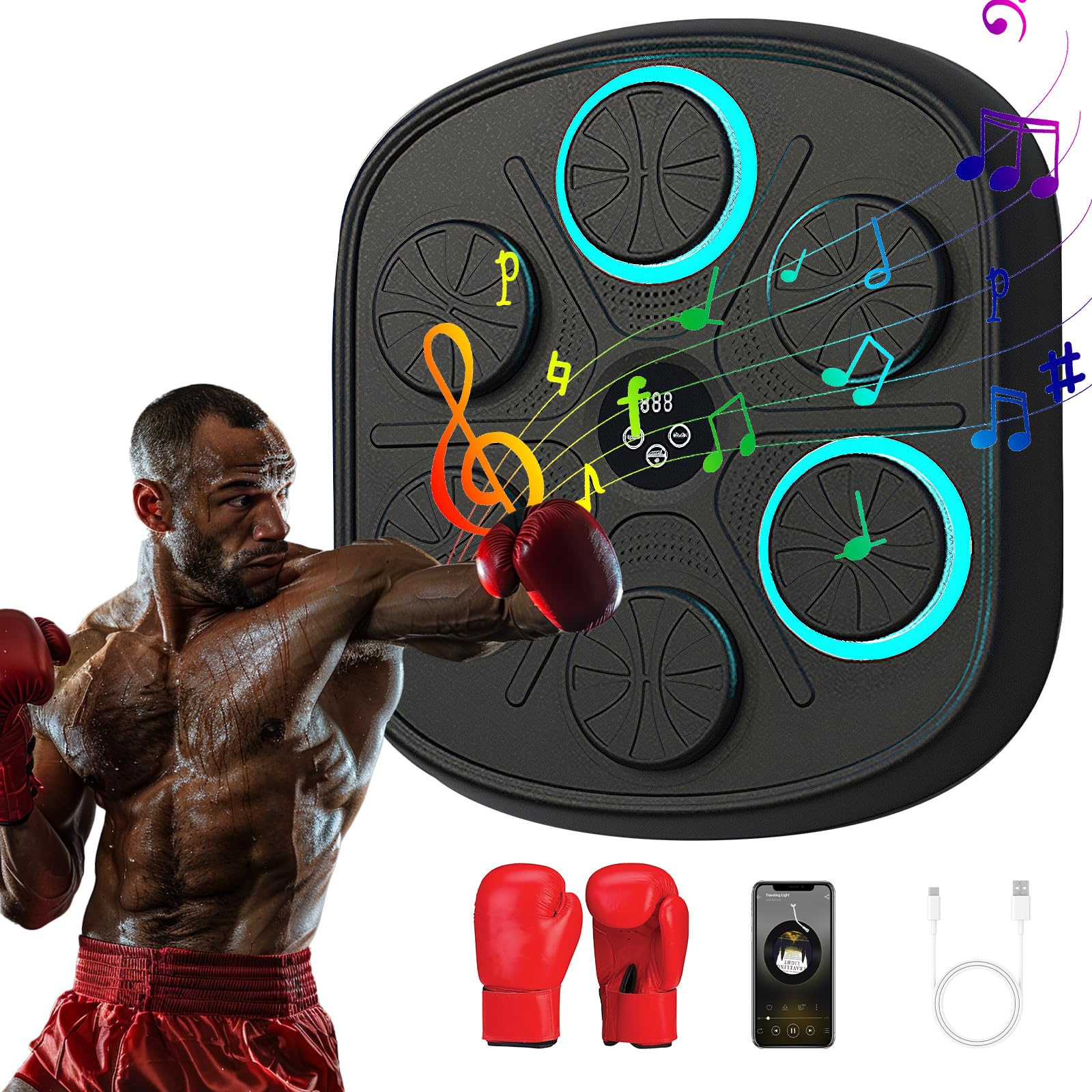Craques music boxing machine with colorful musical notes and black control pad with boxing gloves and smartphone