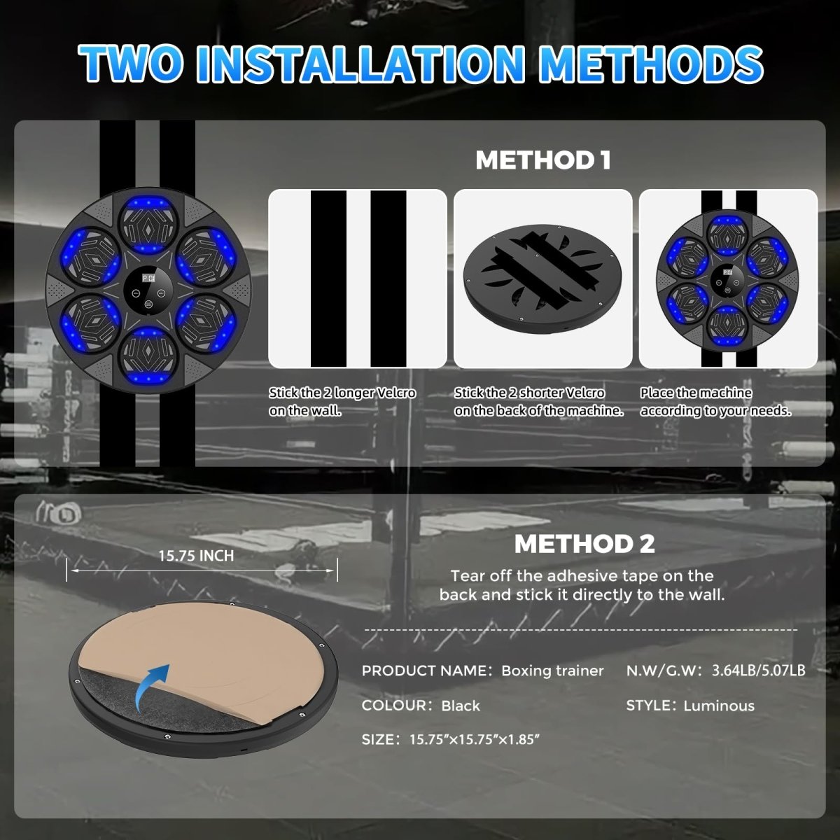 Music boxing machine for home showing two installation methods with velcro strips and adhesive tape