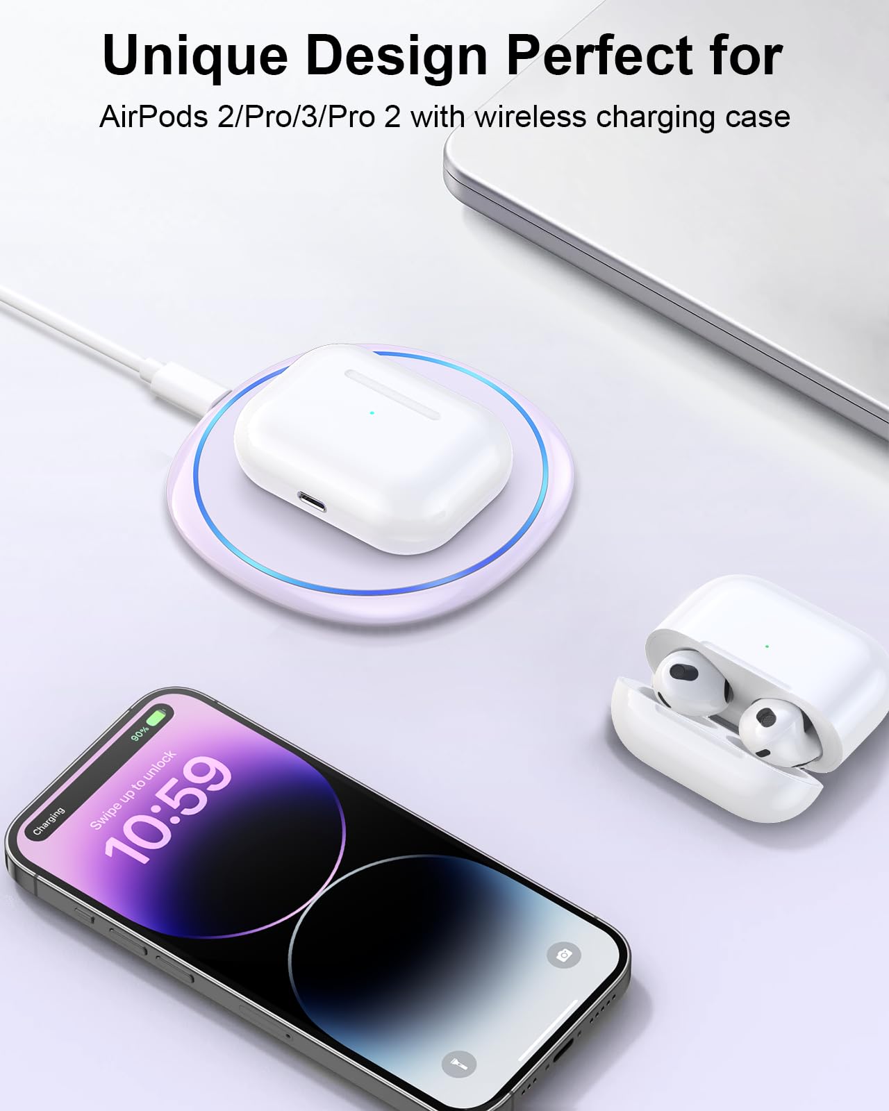 Craques fast wireless charger for iPhone powering AirPods cases and iPhone on white desk