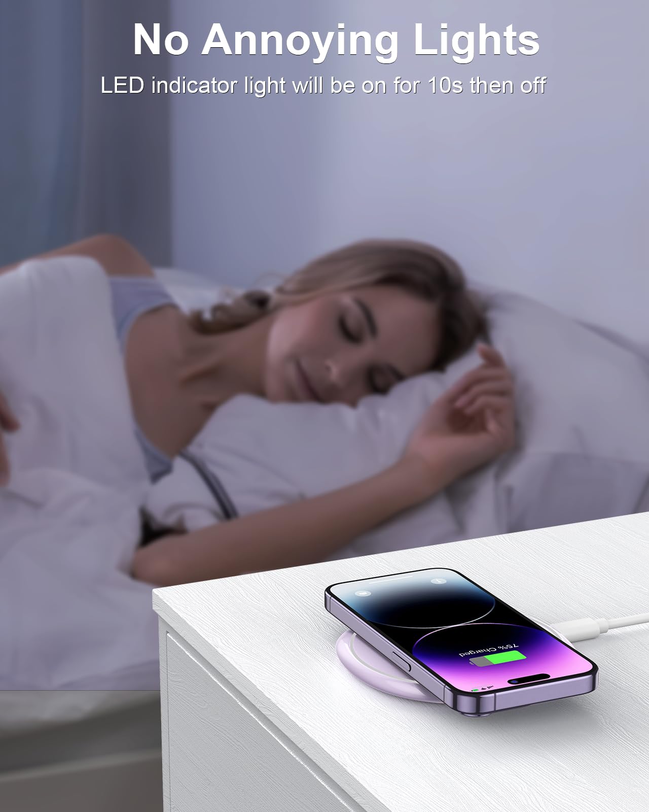 Fast wireless charger for iPhone on nightstand with sleeping woman in background and no annoying lights