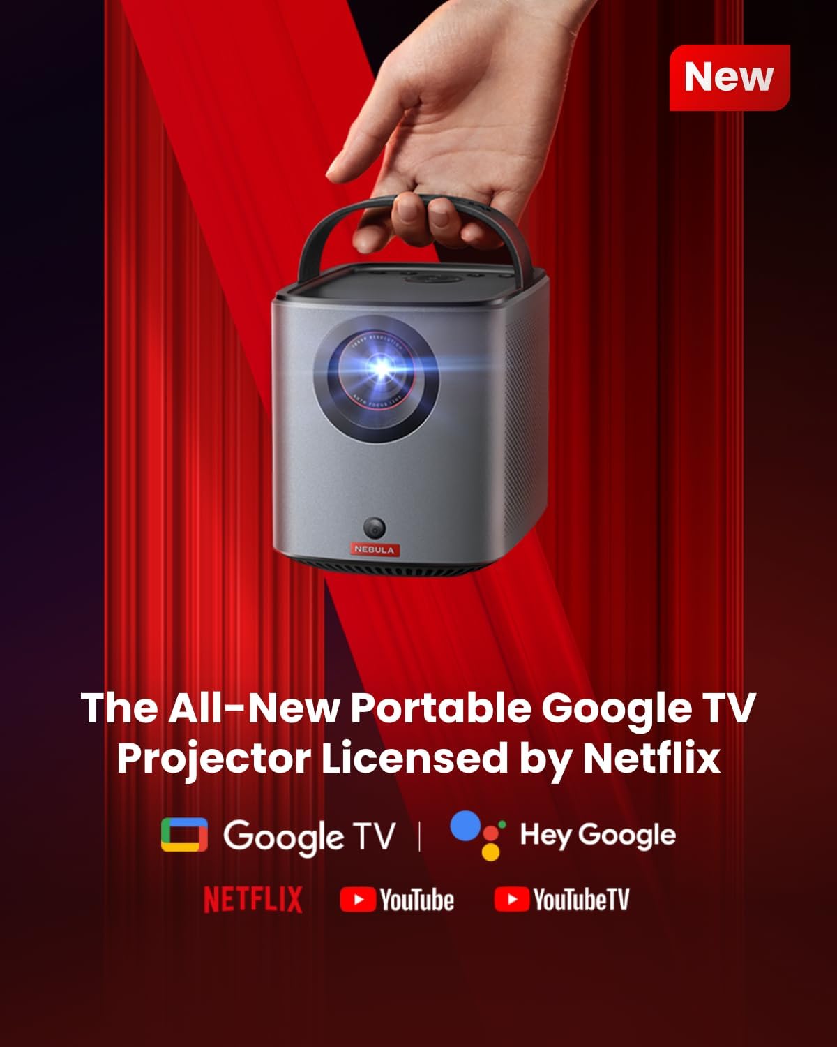 Hand holding the NEBULA Mars 3 Air GTV projector with Google TV and Netflix logo in the background