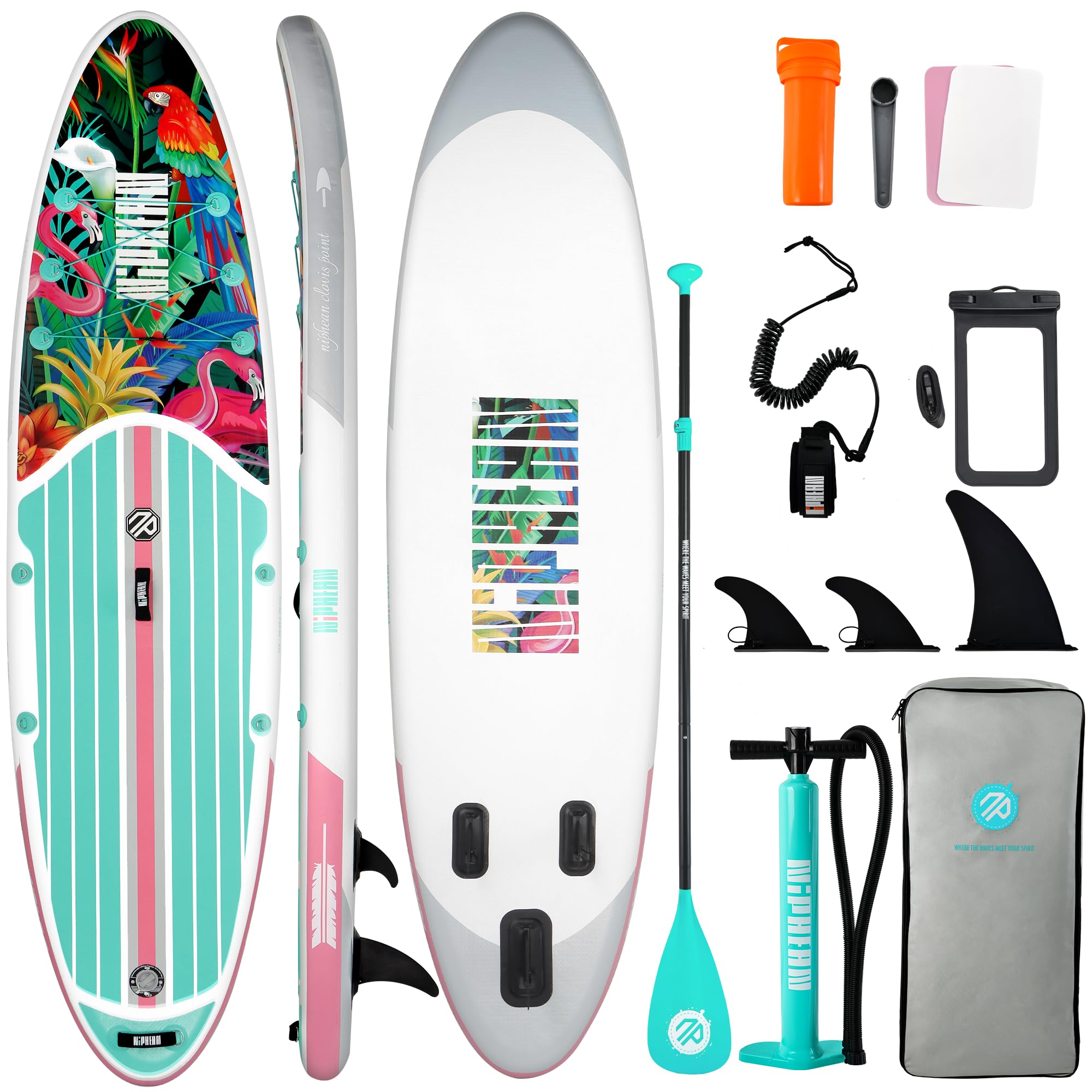 Craques inflatable stand up paddle board with tropical design, paddle, pump, fins, leash, and carrying bag