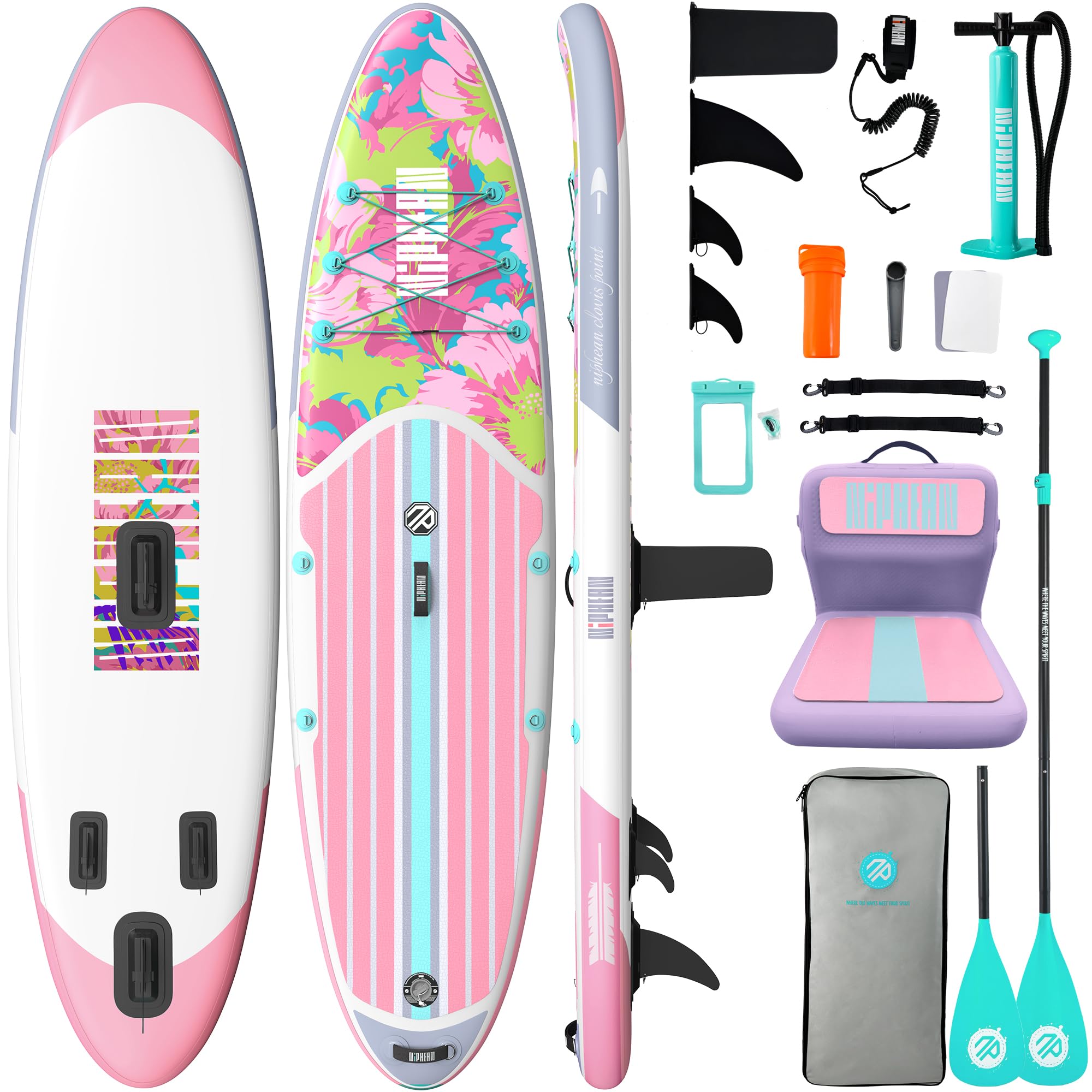 Craques inflatable stand up paddle board with pink floral design and complete accessory kit including paddle pump and carrying bag