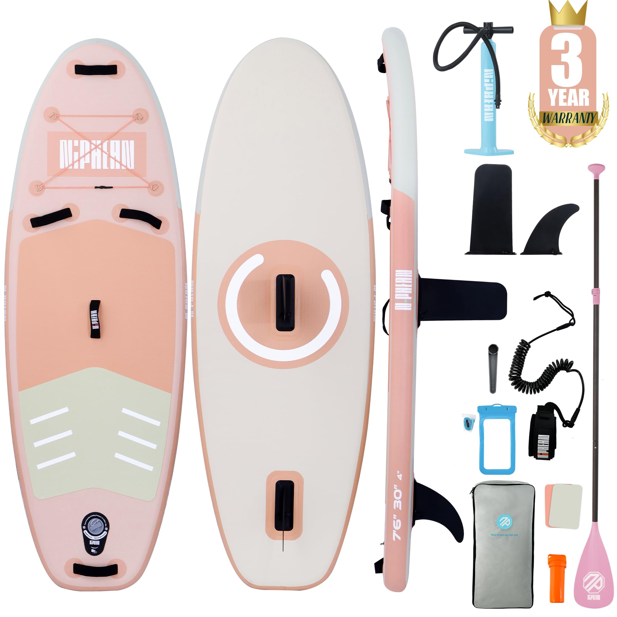 Craques inflatable stand up paddle board in pink and white with pump, paddle, fins, leash, repair kit, and carrying bag