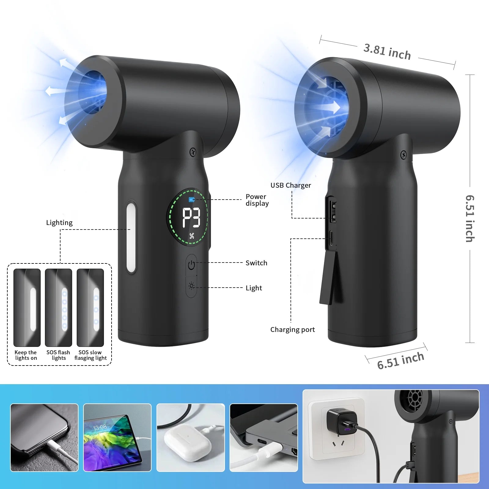 Craques high power air duster for electronics with digital power display and USB charging port