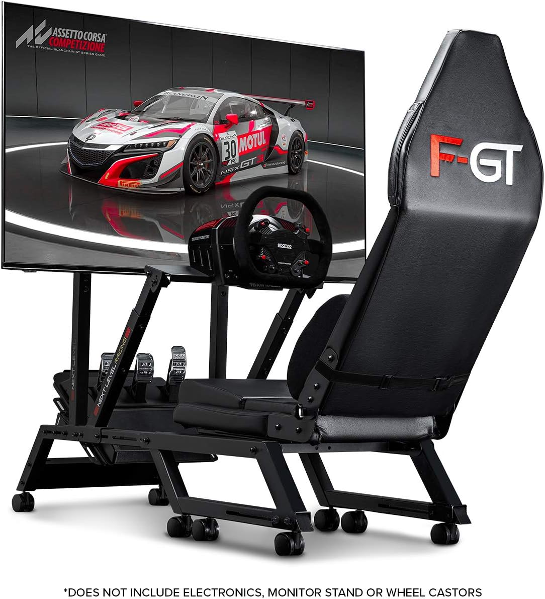 Next Level Racing F-GT simulator cockpit with racing seat and steering wheel setup