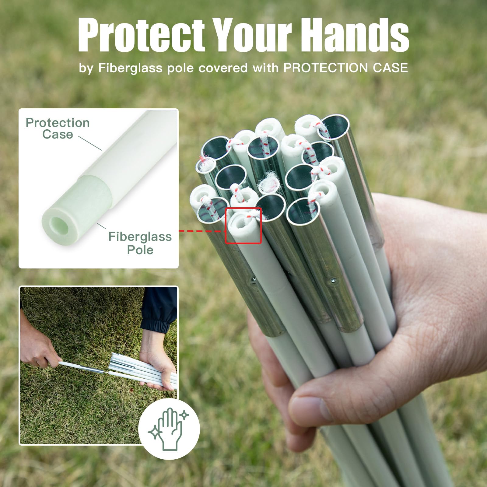 Fiberglass poles with protection case for 1 person backpacking tent held in hands on grass